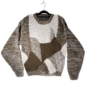 Index 3D Knit Sweater Textured Patchwork Wool Blend Med Green Tan Chunky Nobby